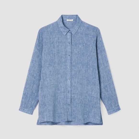 Eileen Fisher Yarn-Dyed Handkerchief Organic Linen Button Up Chambray Shirt PM - Picture 9 of 11